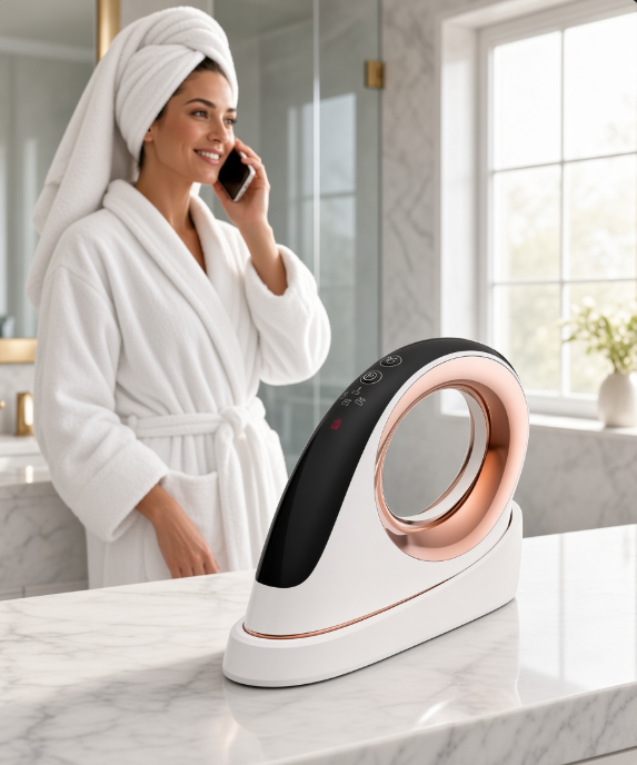 Woman in white bathrobe beside The Slimming Iron in a marble bathroom