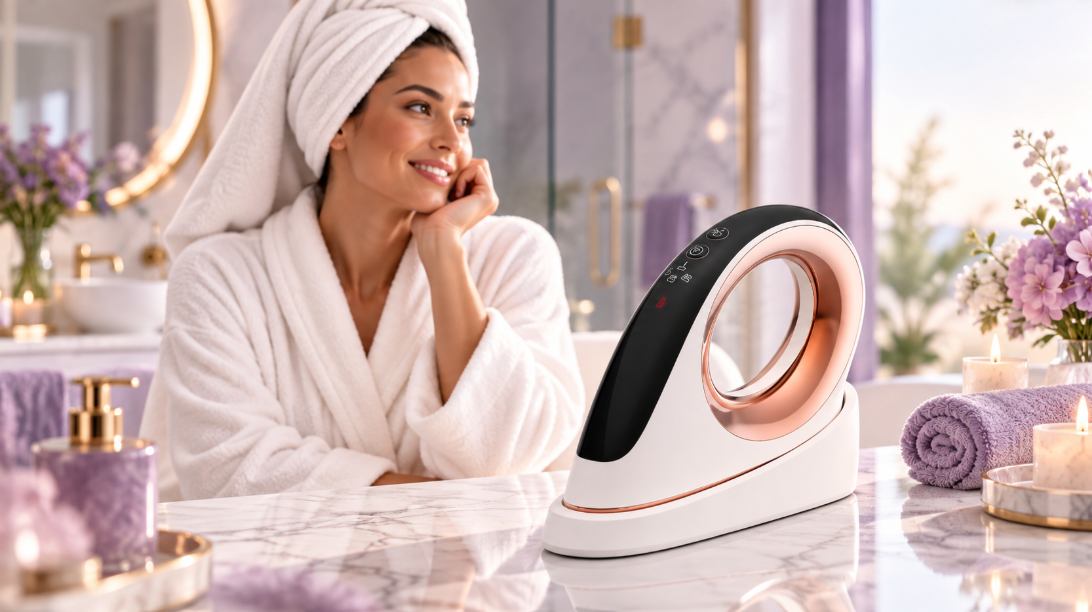 The Slimming Iron in a luxury bathroom with lavender towels and flowers